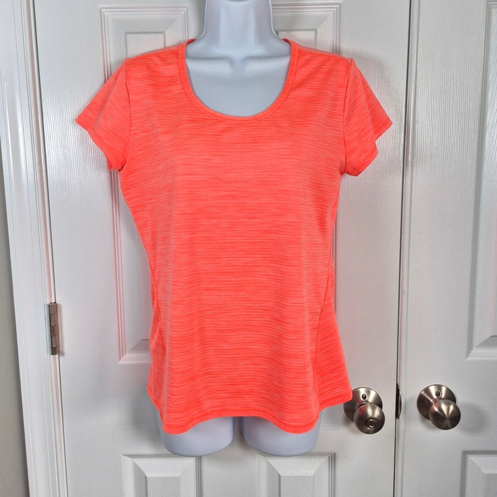 Athleta neon orange Shadow Stripe Chi short sleeve athletic shirt womens medium